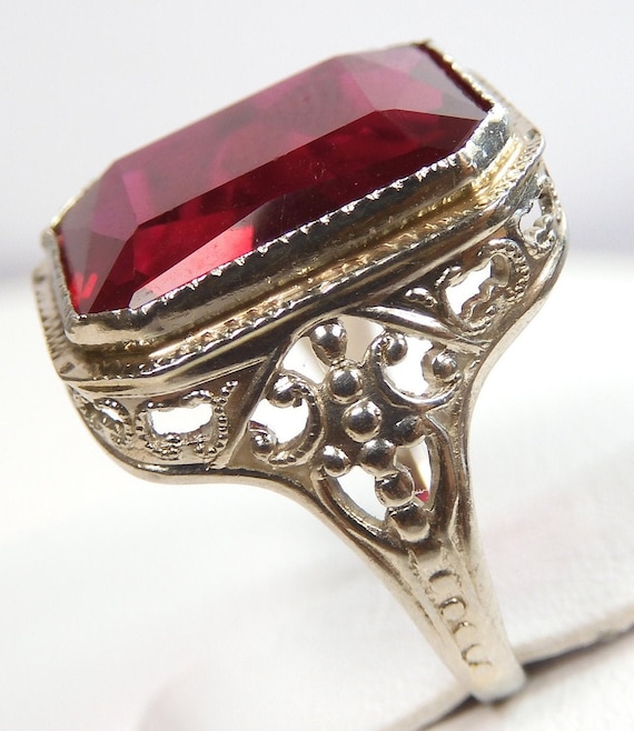 Antique Art Deco Vintage Synthetic Ruby 14K White… - image 4