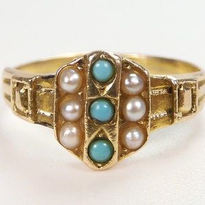 Victorian Art Deco Turquoise Seed Pearl Engagement/Right Hand Ring Size 7.5