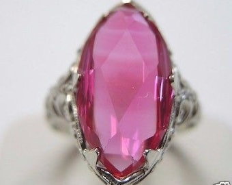 Antique Synthetic Ruby White Gold Filigree Art Deco Engagement Ring | RE-825
