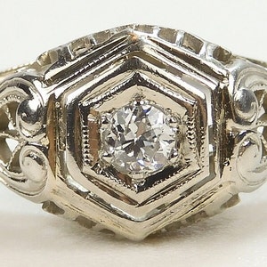 Antique 1920's Art Deco Filigree Engagement 18KW Gold Ring Size 7.5 UK-O1/2 Fine Re-1379