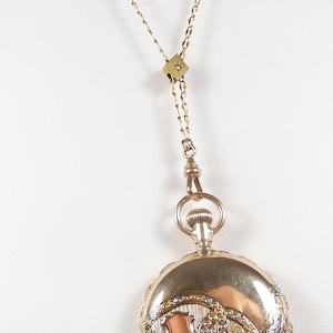 Art Deco Waltham 0 Size 14K Multi-Tone Hunting Case Pocket Watch And Rose Diamond Slide Chain Circa 1898