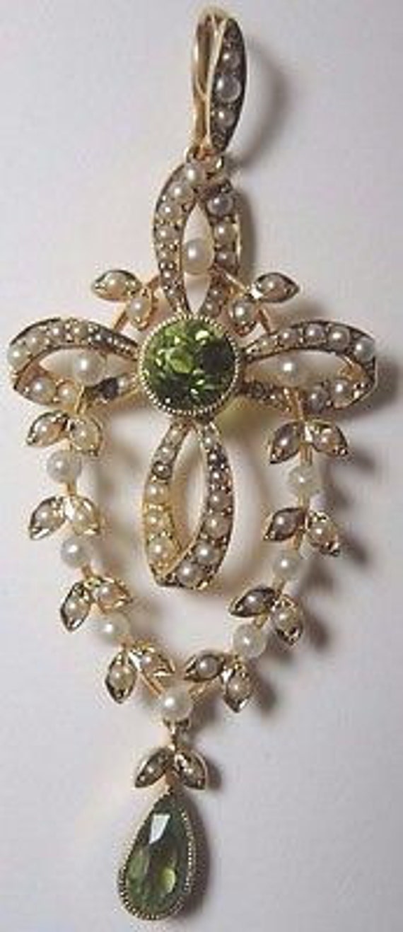 Antique Art NouVeau Peridot Seed Pearl Yellow Gold