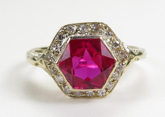 Antique Synthetic Ruby Diamond 14K Yellow Gold Ar… - image 1