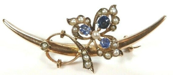 Antique Art Deco Vintage Crescent Sapphire Pearl … - image 1