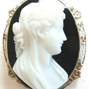Antique Art Deco Hardstone Black Onyx Cameo Pin Pendant 14K White Gold