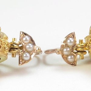 Victorian Etruscan Revival Dangle 20KY Gold Pearl Earrings .78&quot; x .53&quot; x .51&quot;