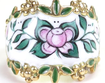 Jugendstil Floral Weiß Grün Pink Emaille 18K Gelbgold Ring Gr. 6,25 UK-M