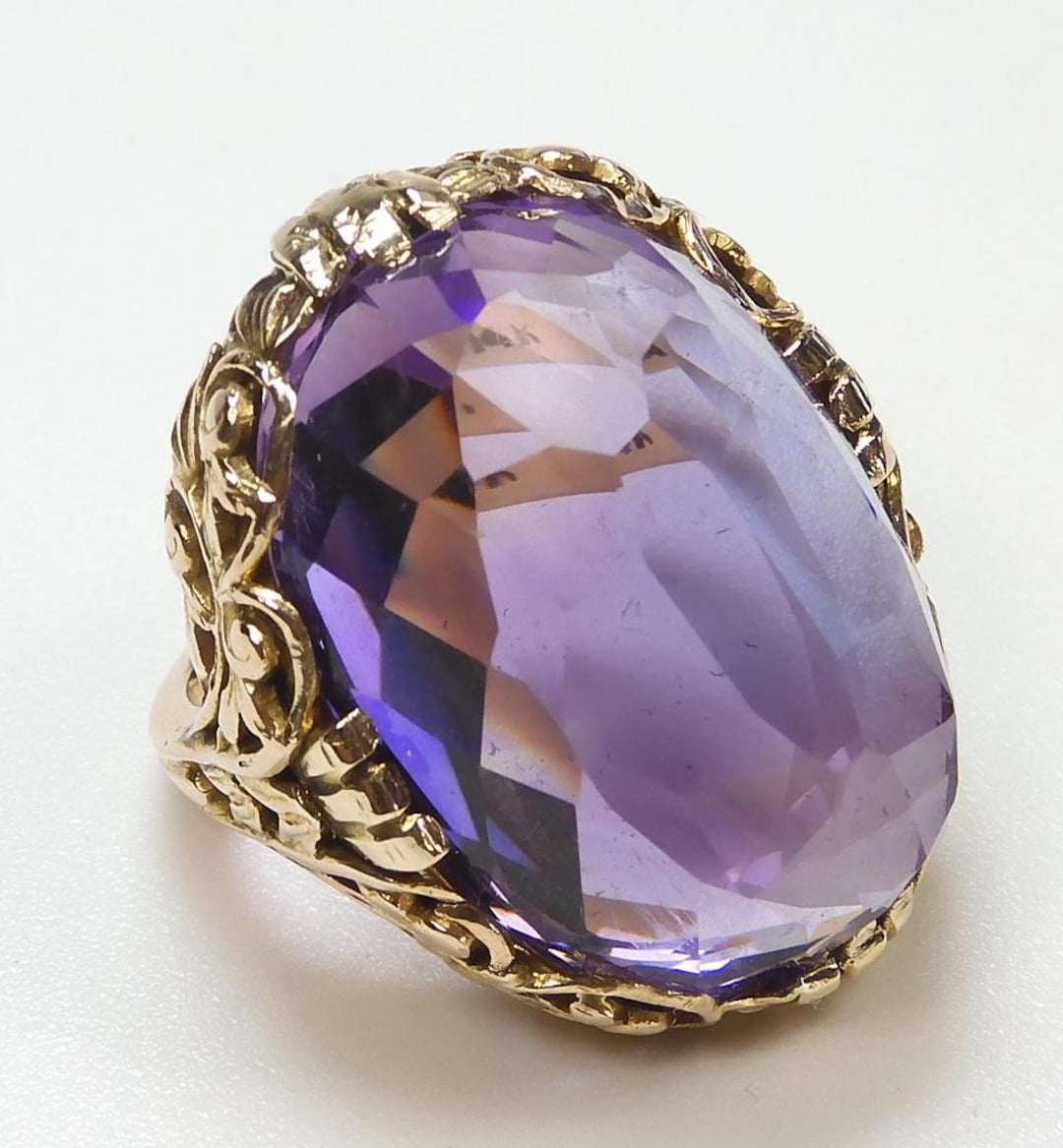 Bague Ancienne En Or Rose 14 Carats Avec Améthyste Ovale - Style Art Déco Années 1920 - Taille 5 UK