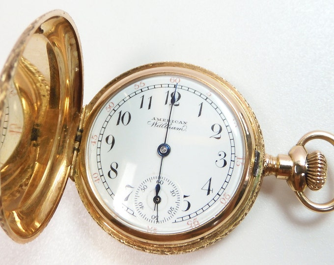 Antico Art Déco Vintage Waltham 14K Yellow Gold Hunting Case 6 Size 7 Jewels Pocket Watch Circa 1890's