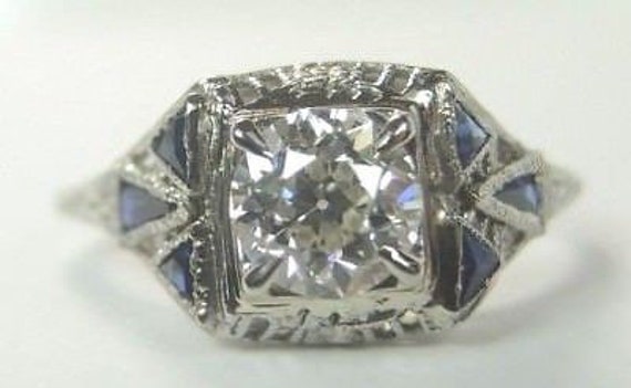Antique Art Deco Vintage Diamond Sapphire 18K Whi… - image 1