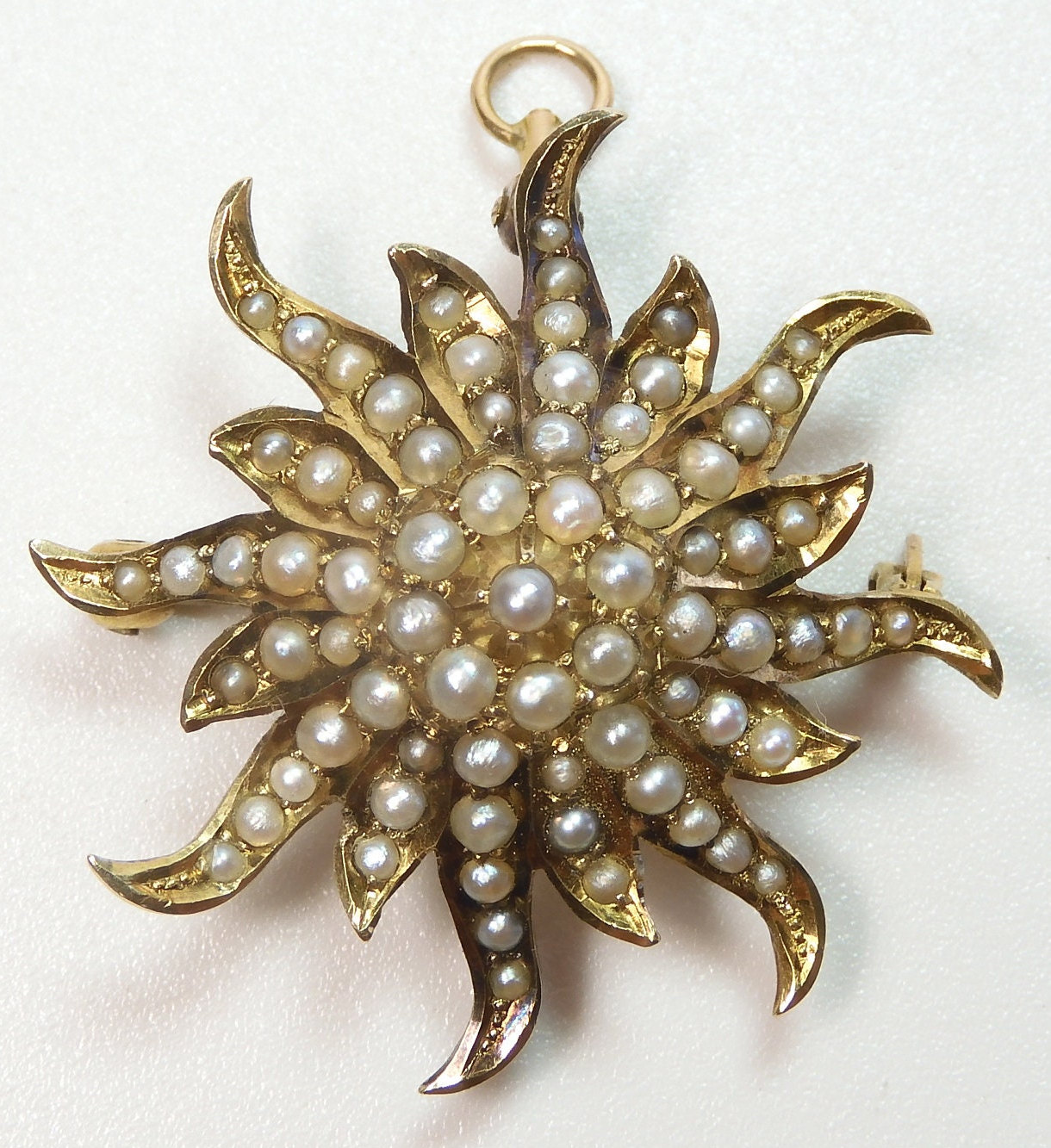 Antique 14k Diamond and Pearl Sunburst Brooch Pin (A2569) - Summit