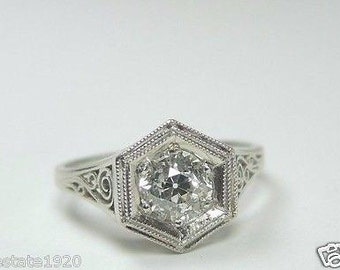 Antiguo Art Deco Diamond Platinum Filigree Engagement Ring Tamaño 5.25 UK-K Conflict Free Diamond / RE-489