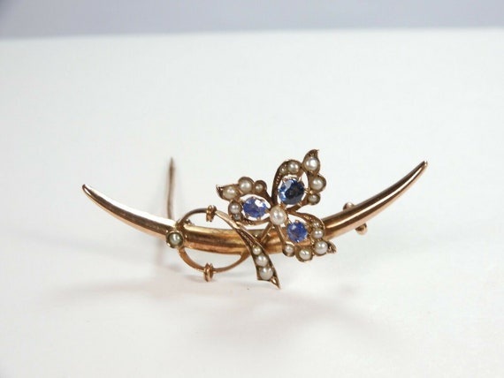 Antique Art Deco Vintage Crescent Sapphire Pearl … - image 9