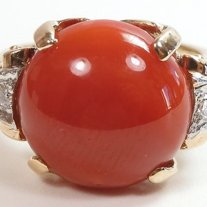Antique Art Deco Vintage Red Coral Button Platinum 14KY Gold Ring Size 7 UK-N1/2