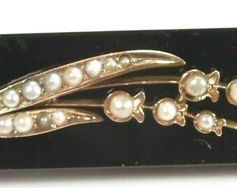 Victorian Edwardian Mourning 14K Yellow Gold Black Onyx Seed Pearl Pin Brooch