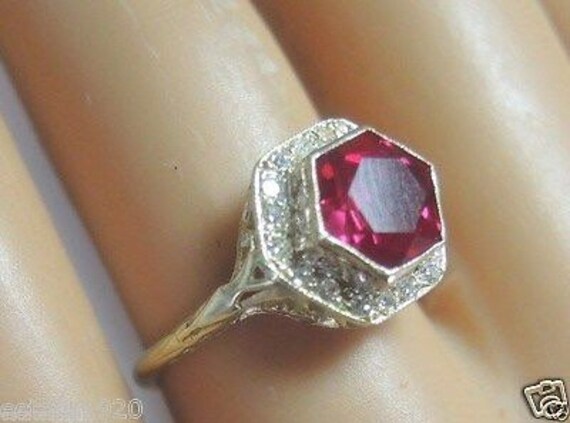 Antique Synthetic Ruby Yellow Gold Art Deco Engag… - image 2