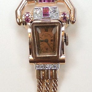 Retro Solvil Diamond Ruby Wristwatch 14K Rose Gold 17 Jewel 46 Grams 7.5&quot; Length