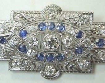 Antique Art Deco Vintage Diamond Sapphire Brooch Pendant Platinum EGL USA 3.75CT