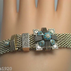 Antique Vintage Blue Enamel Seed Pearl 14K Yellow Gold Mesh Bracelet Fits 7.25 Inch Wrist