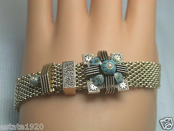 Antique Vintage Blue Enamel Seed Pearl 14K Yellow Gold Mesh  display picture 3
