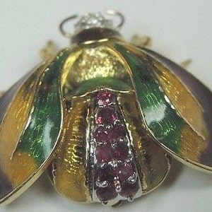 May include: A gold-tone brooch in the shape of a beetle with green and yellow enamel wings and a red ruby gemstone body.