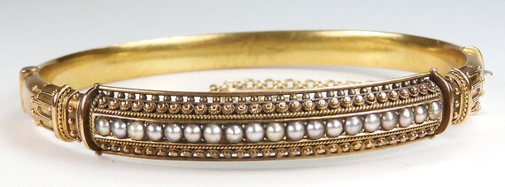 Antique Victorian Pearl Bangle Bracelet 16K/14K Y… - image 1