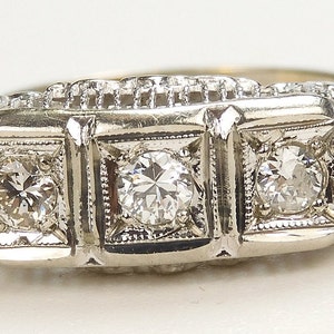 Antique 1920&#39;s Filigree Three Diamond Engagement 14K White Gold Ring Size 7.25 UK-O EGL USA Art Deco