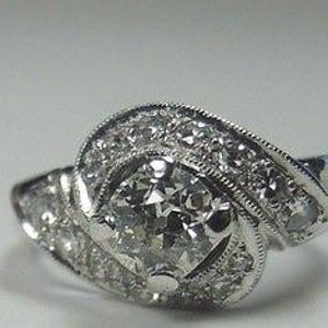 Antique Art Deco Vintage European Diamond 14K White Gold Engagement Ring Anniversary Wedding Bridal Bride Ring Size 6.5 UK-M1/2  | RE - 637
