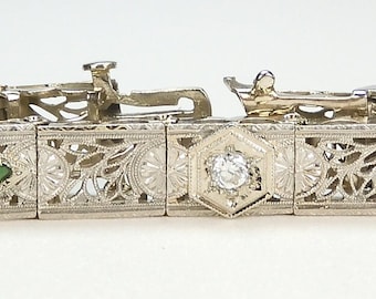 Antique 1920's Diamond Filigree Bracelet Platinum 14K White Gold 8.25" EGL USA