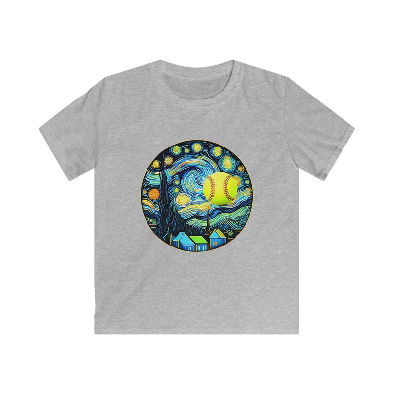 Kids Softstyle Tee with Starry Night Baseball Design, Soft Cotton Shirt for Boys, Girls, Unique Gift for Young Athletes, Perfect for image 3