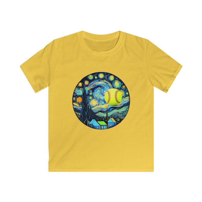 Kids Softstyle Tee with Starry Night Baseball Design, Soft Cotton Shirt for Boys, Girls, Unique Gift for Young Athletes, Perfect for image 4