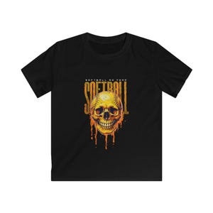 May include: Black t-shirt with a graphic of a yellow skull with a softball inside. The text "Softball No Fear" is above the skull.