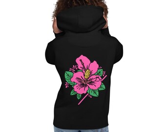 May include: Black hoodie with a pink hibiscus flower graphic on the back. The flower has green leaves and a yellow center.