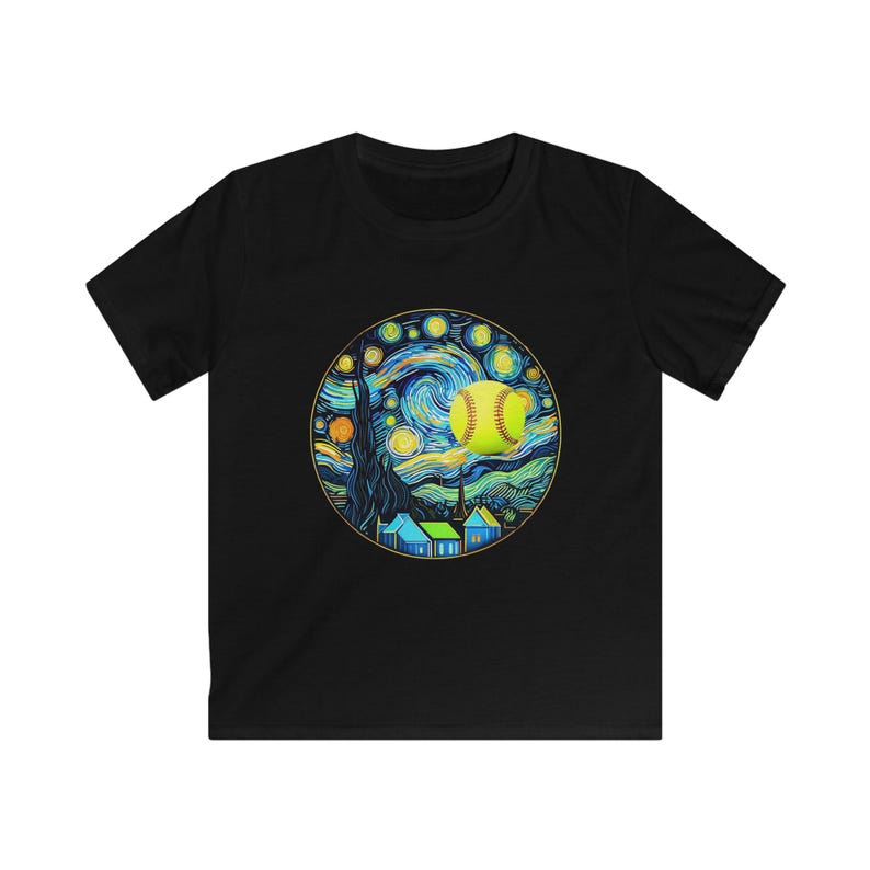 Kids Softstyle Tee with Starry Night Baseball Design, Soft Cotton Shirt for Boys, Girls, Unique Gift for Young Athletes, Perfect for image 2