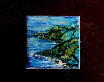 Stormy Coast, original alcohol ink painting with magnet