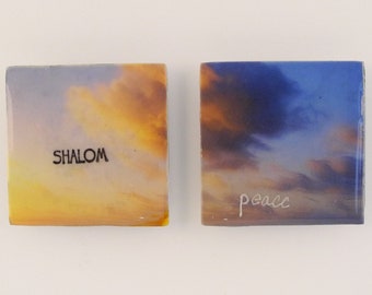 Peace and Shalom, recycled tile magnet set