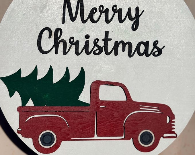 Wooden Red Truck Merry Christmas Sign.