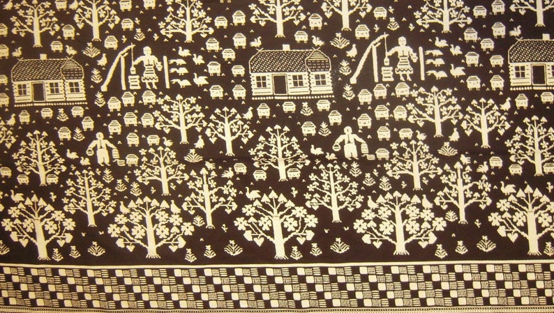 May include: A brown and white woven textile with a repeating pattern of houses, trees, and birds. The pattern is reminiscent of a folk art design.