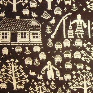 May include: A black and white folk art style textile design featuring a house, trees, and a person drawing water from a well. The design is repeated throughout the textile.