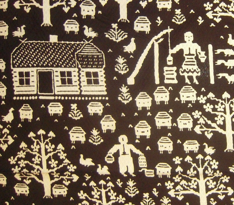 May include: A black and white folk art style textile design featuring a house, trees, and a person drawing water from a well. The design is repeated throughout the textile.