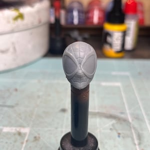 May include: A gray plastic unpainted head sculpt of a superhero with a spider web design on the mask.