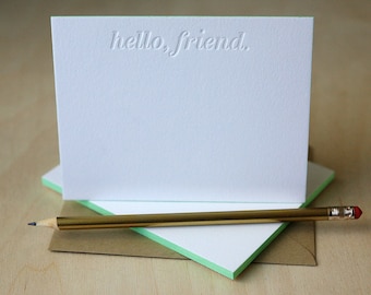 Letterpress Notes with Edge Painting - Hello Friend Letterpress Stationery, Thank You Notes, Blind Impression, Notecards