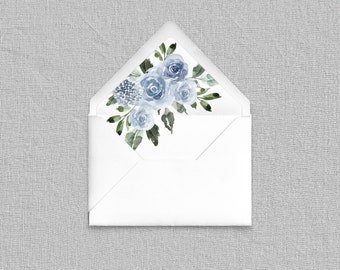 Blue Bouquet Envelope Liners - Add-On for Custom Stationery, Romantic Floral Envelope Liners