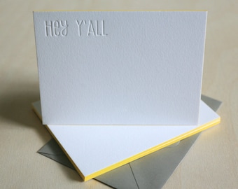 Edge Painted Letterpress Stationery - Hey Y'All Southern Thank You Notes, Blind Impression, Letterpress Notecards