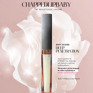 May include: A clear lip gloss tube with a gold cap and a gray label that reads "Soft Gloss Deep Penetration". The label also includes the text "Instant hydration for EXTREMELY dry, thirsty lips with Hyaluronic acid and soothing effects." The product is advertised as being available online exclusively at BeautyLoveLipcare.Etsy.com.