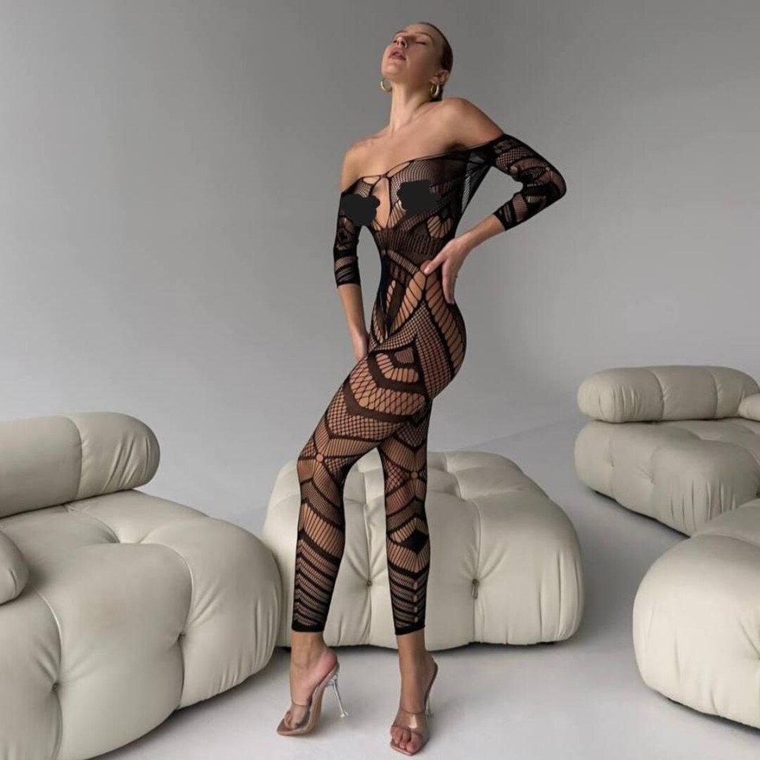 Seamless Fishnet Gartered Catsuit Lavender O-s