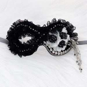 Black Masquerade Mask: Venetian Style with Tassel flower