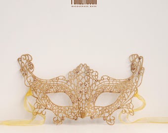 Gold Lace Masquerade Mask with Rhinestone • Venetian Mask • Vintage Style • Suitable for Party • MM171