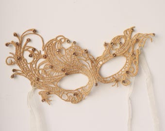 Gold Lace Masquerade Mask with Rhinestone • Venetian Mask • Vintage Style • Suitable for Party • MM168