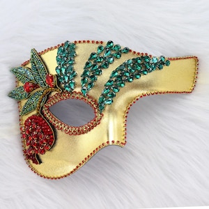 Red Pomegranate Masquerade Mask: Gold Venetian Mardi Gras Mask